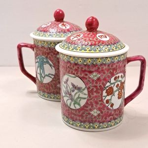 2 Vtg RARE Chinese Mun Shou Famille Rose Mug / Lid Longevity Jingdezhen Floral